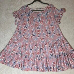 Lovely J Womens Medium Pink Floral Round Neck Short Sleeve Tiered Dress-‎ NEW